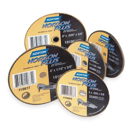 Norton Abrasives Abrasive Cut-Off Wheel, Type 1, 3 in Dia, 0.0625 in Thick, 3/8 in Arbor Hole Size, Ceramic, 36 Grit 66243510671