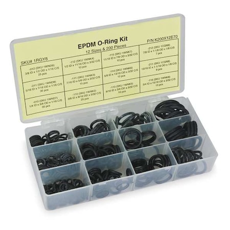 Zoro Select O Ring Assortment, EPDM, 200 Pcs, 12 Sizes 1RGY8