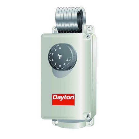 Dayton Line Volt Mechanical Tstat, Open/Close on Rise, 30 Degrees to 110 Degrees F, SPDT, 24 to 600V AC 1UHH1