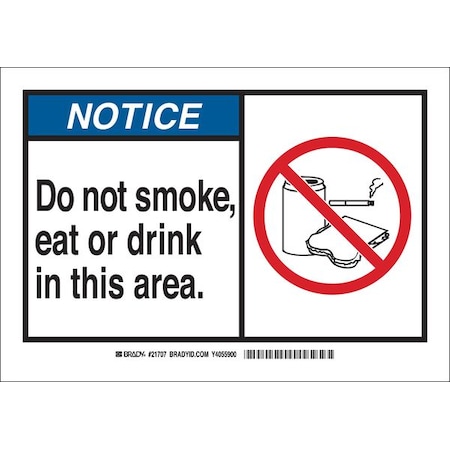 Brady Notice No Smoking Sign, 7" H, 10" W, Plastic, Rectangle, English, 26528 26528