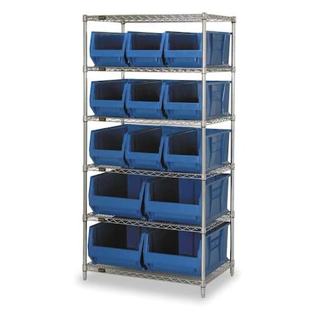 Quantum Storage Systems Steel, Polypropylene Bin Shelving, 30 in D x 74 in H x 36 in W, 6 Shelves, Blue WR6-973974BL