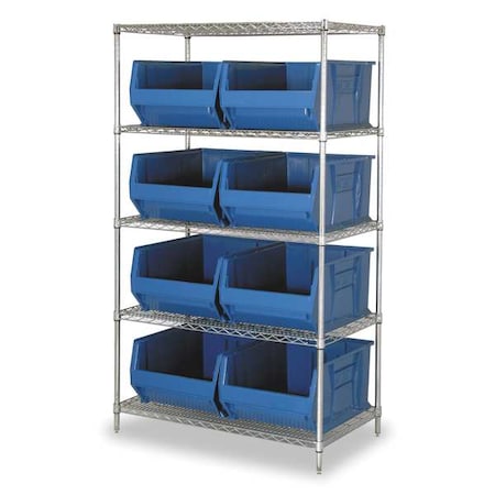 Quantum Storage Systems Chrome Wire Bin Shelving, 42 in W x 74 in H x 30 in D, 5 Shelves, Silver/Blue WR5-975BL