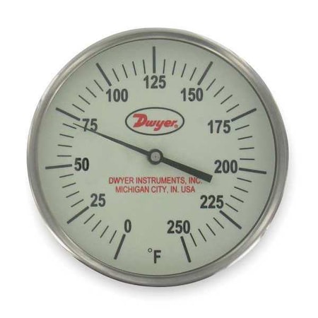 Dwyer Instruments Glow-in-the-dark bimetal thermometer, range 0 to 250 Degrees F, 2-1/2" stem. GBTB52551