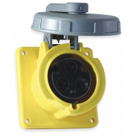 Hubbell Wiring Device-Kellems Watertight Pin & Sleeve Receptacle, 60 A, 125V AC, Single Phase, 2 Pole, IEC Grounding, Yellow HBL360R4W