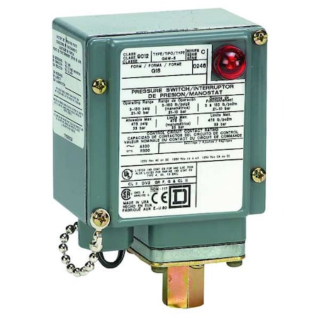 Telemecanique Sensors Pressure Switch, Standard, SPDT, 1 Ports, 1/4-18" FNPT, 20 to 1000 psi Range, Aluminum 9012GCW1G18