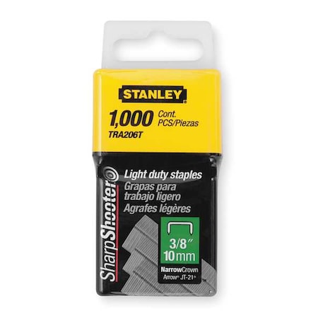 Stanley Light Duty Staples, 23 ga, Narrow Crown, 3/8 in Leg L, Steel, 1000 PK TRA206T