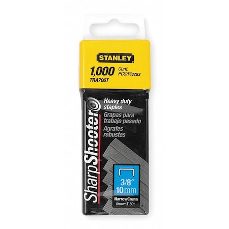 STANLEY Heavy Duty Staples, 24 ga, Narrow Crown, 3/8 in Leg L, Steel, 1000 PK TRA706T