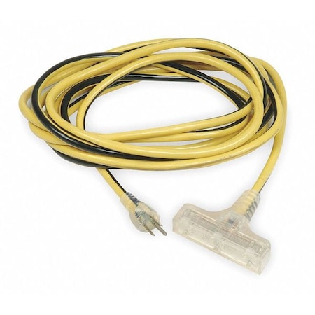 Zoro Select SJTW Outdoor Extension Cord, 12 AWG 3 Outlets, 5-15R, PVC, Yellow/BLK, 5-15P 1XUR1