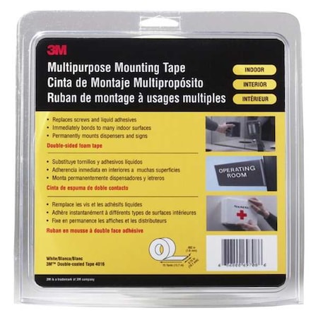 3M Double-Sided Foam Tape, 3/4 in W, 15 yd L, 1/16 in, Polyurethane Foam, Double-Sided 4016