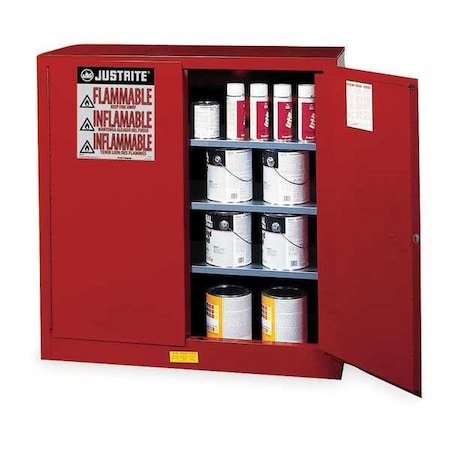 Justrite Hazardous Material Storage Cabinet, 40 gal, 3 Shelves, Steel, 43 in W x 44 in H x 18 in D, Red 893011