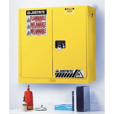Justrite Hazardous Material Storage Cabinet, 20 gal, 3 Shelves, Steel, 43 in W x 44 in H x 12 in D, Yellow 893400
