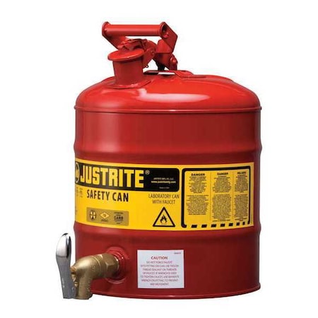 Justrite Type I Safety Can, Galvanized Steel, 5 gal, Rigid Bottom Brass Faucet, Red, Flammables 7150150