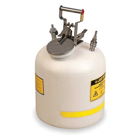 Justrite HPLC Waste Can, Polyethylene/ Polypropylene and Stainless Fittings, 5 gal, White, for Solvents BY12755