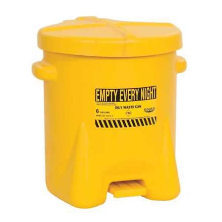 Eagle Mfg Oily Waste Can, 6 gal, Yellow, Polyethylene, 16 in Height, Foot Operated Self-Closing 933FLY