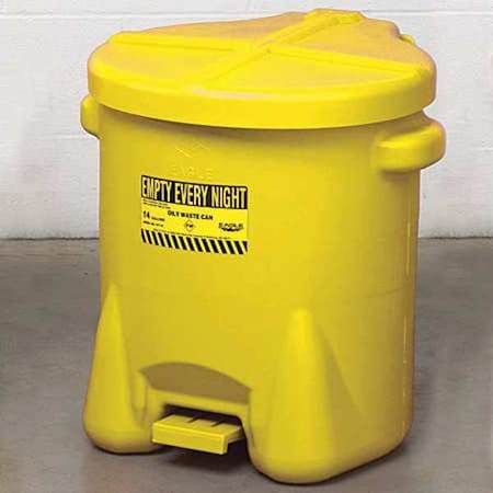 Eagle Mfg Oily Waste Can, 14 gal, Yellow, Polyethylene, 21 in Height, Foot Operated Self-Closing 937FLY