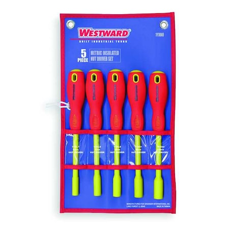 Westward Nut Driver Set, 5 Pieces, Metric, Solid, Ins 1YXN8