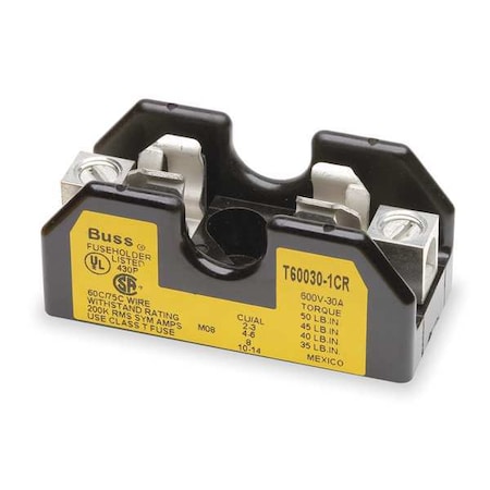 Eaton Bussmann Open Fuse Block, T UL Class, 600V AC/DC Volt Rating, 1 Poles, Box Lug T60030-1CR