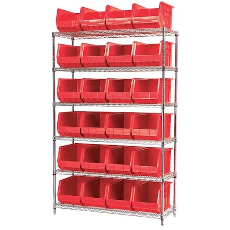 Akro-Mils Steel Wire Bin Shelving, 48 in W x 74 in H x 18 in D, 6 Shelves, Silver/Red AWS184830260R
