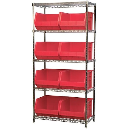 Akro-Mils Steel Wire Bin Shelving, 36 in W x 74 in H x 18 in D, 5 Shelves, Silver/Red AWS183630270R