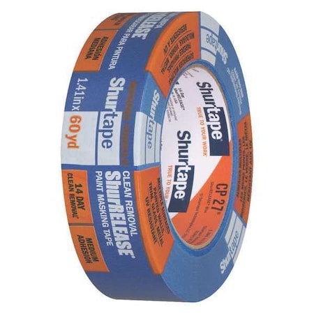 Shurtape Painter's Tape, 36 mm W x 55 m L, 5.3 mil Thick, Blue, Rubber Adhesive 202879