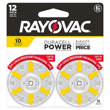 Rayovac Hearing Aid BATT, 1.4V DC, 100 mAh CA, PK12 10CR-12ROVUS