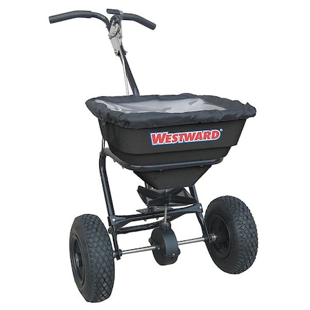 Westward 70 lbs Cap Broadcast Spreader For Salt, Fertilizer & Grass Seed, 10 to 12 ft Spread, Curved T Handle 10F636
