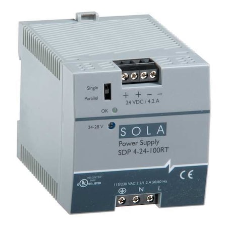 Solahd DC Power Supply, 176/264V AC; 210/375V DC; 85/132V AC, 24/28V DC, 100 W, 4.2 A, DIN Rail SDP424100RT