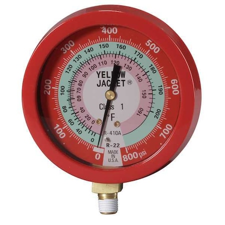 Yellow Jacket Gauge, 3 1/8In Dia, High Side, Red, 800 psi 49515