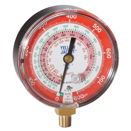 Yellow Jacket Gauge, 3 1/8In Dia, High Side, Red, 800 psi 49133