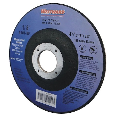 Westward Depressed Center Wheels, Type 27, 4 1/2 in Dia, 0.125 in Thick, 7/8 in Arbor Hole Size, 30 Grit 10L212