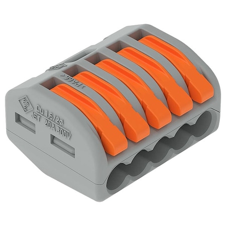 Wago Lever Wire Connector, 12 AWG Max, 5 Port, Gray, Polycarbonate Insulation, 600 V, 20 A, 40 PK 222-415/K194-4045