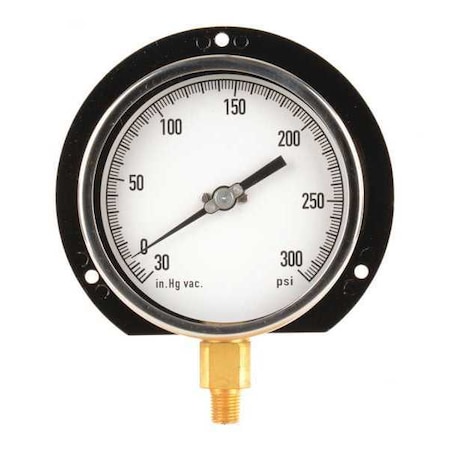 Zoro Select Process Compound Gauge, 30 to 0 to 300 psi, 4 1/2 in Dial, 1/4 in NPT, Bottom Location 11A494