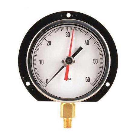 Zoro Select Panel-Mount Pressure Gauge, 0 to 60 psi, 4 1/2 in Dial, 1/4 in NPT, Bottom Location 11A497