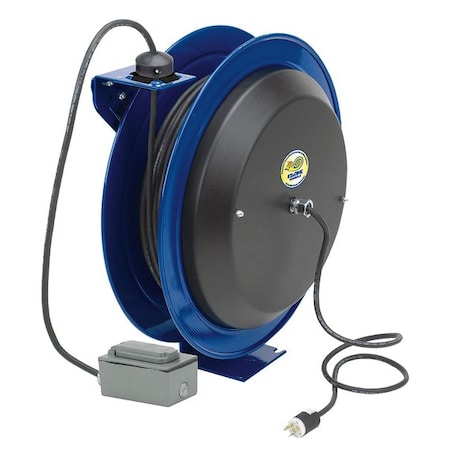 Coxreels Cord Reel, Spring Retracted, NEMA 5-20R, 12 AWG, Blue Reel Color, 100 ft Length, 2 Outlets EZ-PC24-0012-F