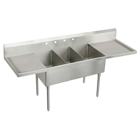 Elkay SS 93" x 27-1/2" x 14" Floor Mount Triple Compartment Scullery 4-Hole Sink with L and R Drainboards WNSF8345LR4