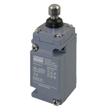Dayton Heavy Duty Limit Switch, Plunger, SPDT, 10A at 600V AC, Actuator Location: Top 11X452