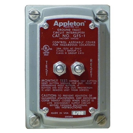 Appleton Electric 20A Hazardous Location GFCI Cover 120/240VAC GFS1