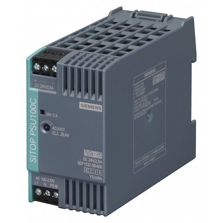 Siemens DC Power Supply, 110/300V DC; 85/264V AC, 24V DC, 60 W, 2.5 A, DIN Rail 6EP1332-5BA00