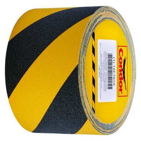CONDOR Anti-Slip Tape, Coarse, 60 Grit Size, Striped, Black/Yellow, 4 in x 60 ft, 32 mil Thickness, Acrylic GRAN5020