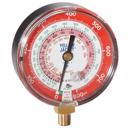 Yellow Jacket Gauge, 3-1/8In Dia, High Side, Red, 800 psi 49141