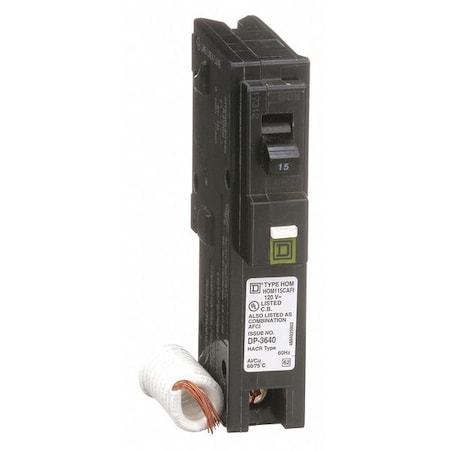Square D Miniature Circuit Breaker, HOMELINE Series, 15A, 1 Pole, 120V AC, 10kA at 120V AC HOM115CAFI