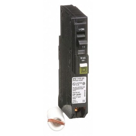 Square D Miniature Circuit Breaker, HOMELINE Series, 15A, 1 Pole, 120/240V AC, 10kA at 120/240V AC QO115CAFI