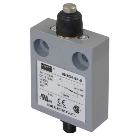 Dayton Limit Switch, Plunger, SPDT, 10A at 300V AC, Actuator Location: Top 12T932