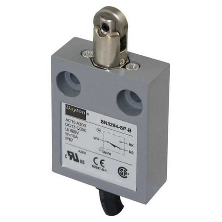 Dayton Limit Switch, Plunger, Roller, SPDT, 10A at 300V AC, Actuator Location: Top 12T933