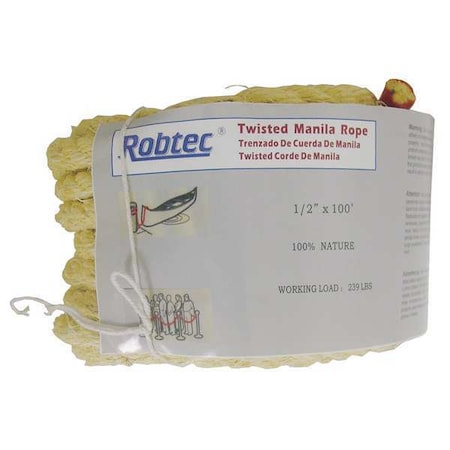 Zoro Select Rope, Manila, Twisted, 3/8 In. dia., 600ft L 12U282
