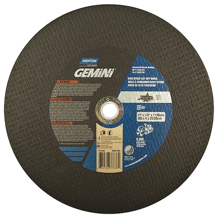Norton Abrasives Abrasive Cut-Off Wheel, Type 1, 12 in Dia, 0.125 in Thick, 1 in, 20 mm Arbor Hole Size, 24 Grit 66252837838