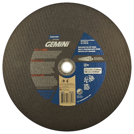 Norton Abrasives Abrasive Cut-Off Wheel, Type 1, 12 in Dia, 0.125 in Thick, 1 in, 20 mm Arbor Hole Size, 24 Grit 66252837840
