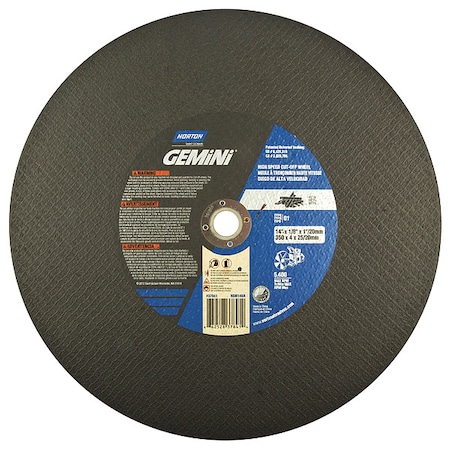 Norton Abrasives Abrasive Cut-Off Wheel, Type 1, 14 in Dia, 0.125 in Thick, 1 in, 20 mm Arbor Hole Size, 24 Grit 66252837841