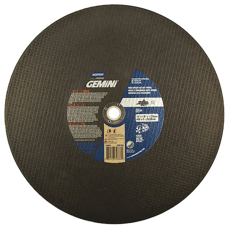 Norton Abrasives Abrasive Cut-Off Wheel, Type 1, 16 in Dia, 0.125 in Thick, 1 in, 20 mm Arbor Hole Size, 24 Grit 66252830886