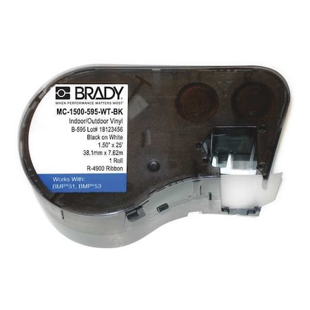 Brady All Weather Permanent Adhesive Vinyl Label Tape, 1.5 in W x 25 ft L, Black on White MC-1500-595-WT-BK